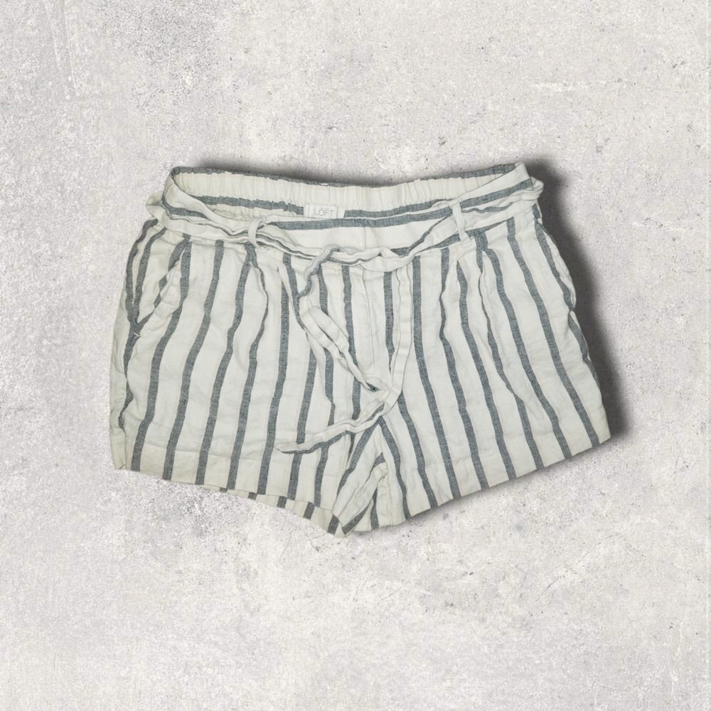 Ann Taylor LOFT Stripe Tie Waist Linen Cotton Shorts with 2.5" Inseam 4